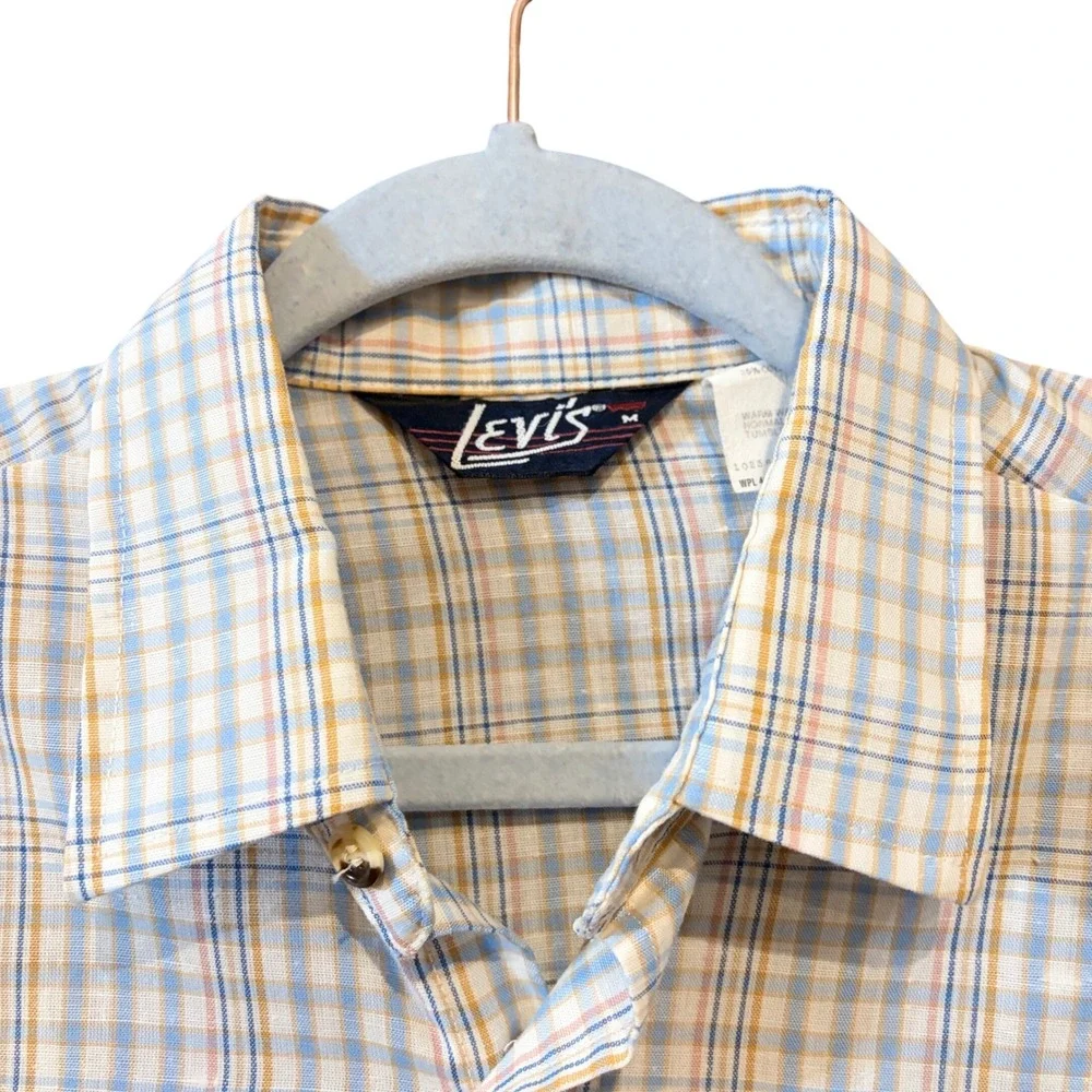 Vintage 1989 Levis White Tab Plaid Short Sleeve Shirt Made in USA Blue Tan Men M